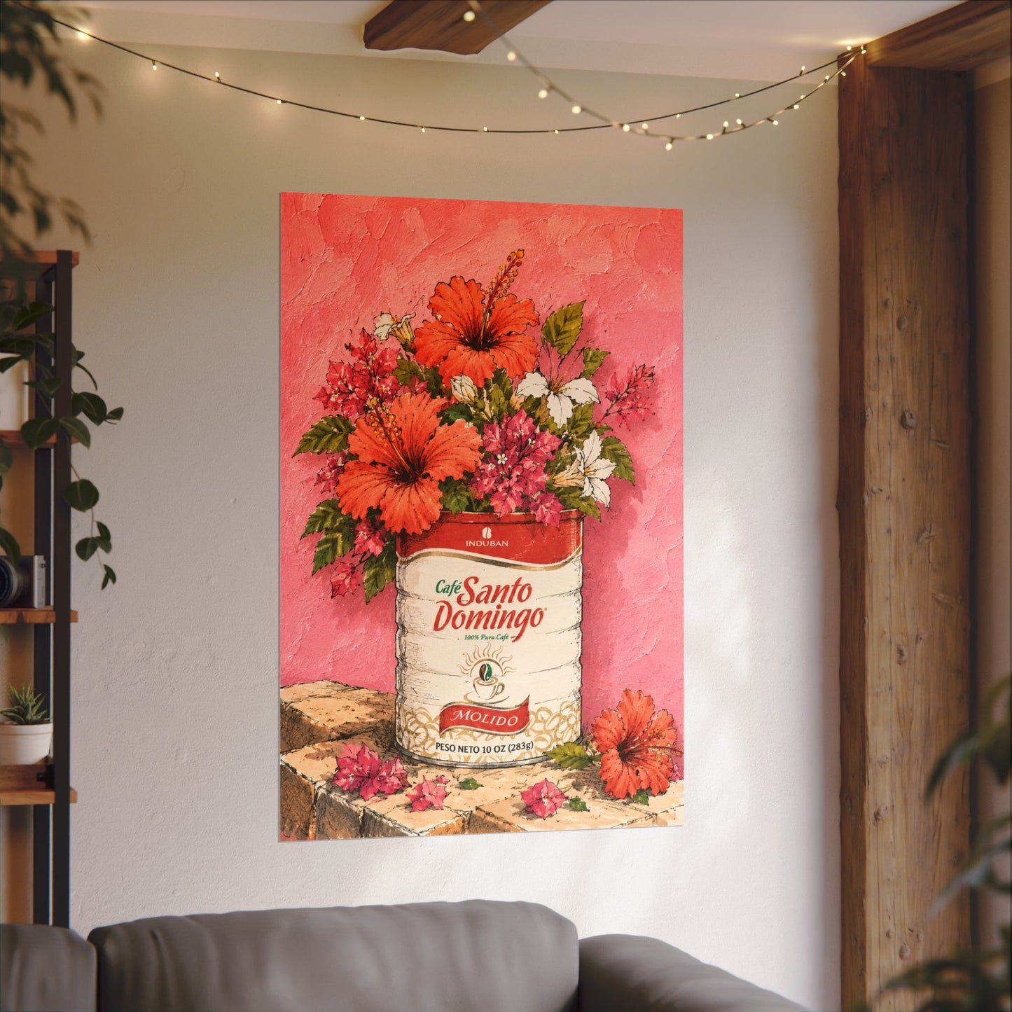 Café Santo Domingo Floral Wall Art | Dominican Coffee Can Art Print | Tropical Pink Botanical Poster | Caribbean Home Decor
