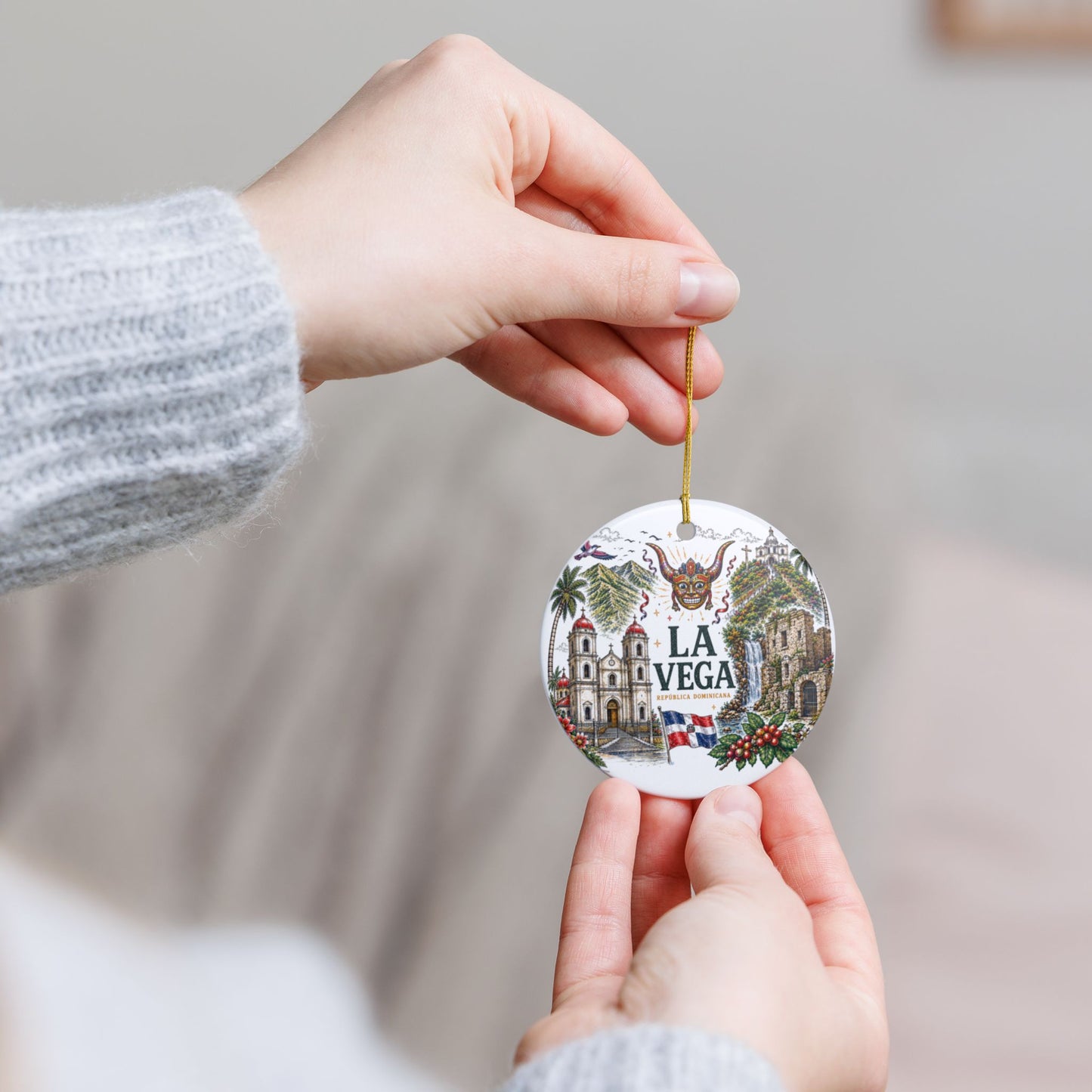La Vega Dominican Republic Illustration Ornament | Ceramic Round Holiday Decoration