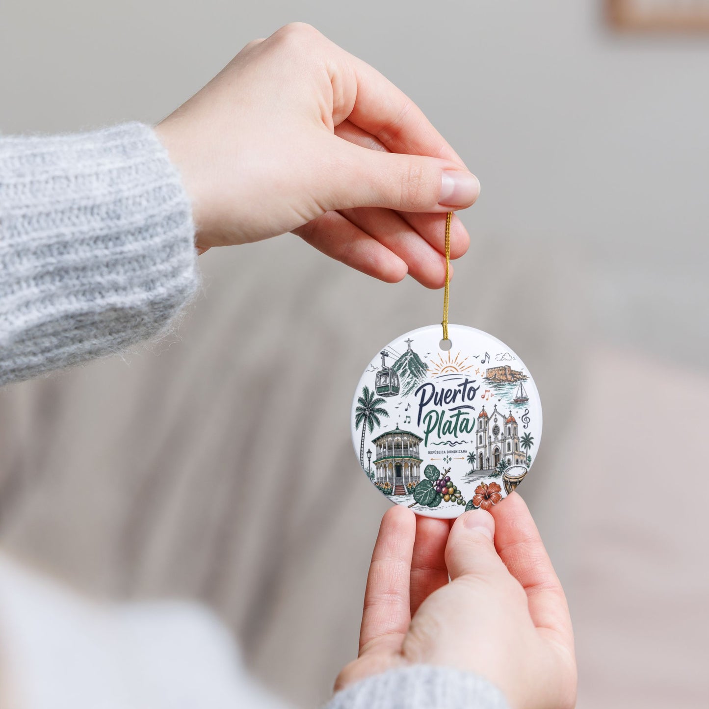 Puerto Plata Dominican Republic Illustration Ornament | Ceramic Round Holiday Decoration