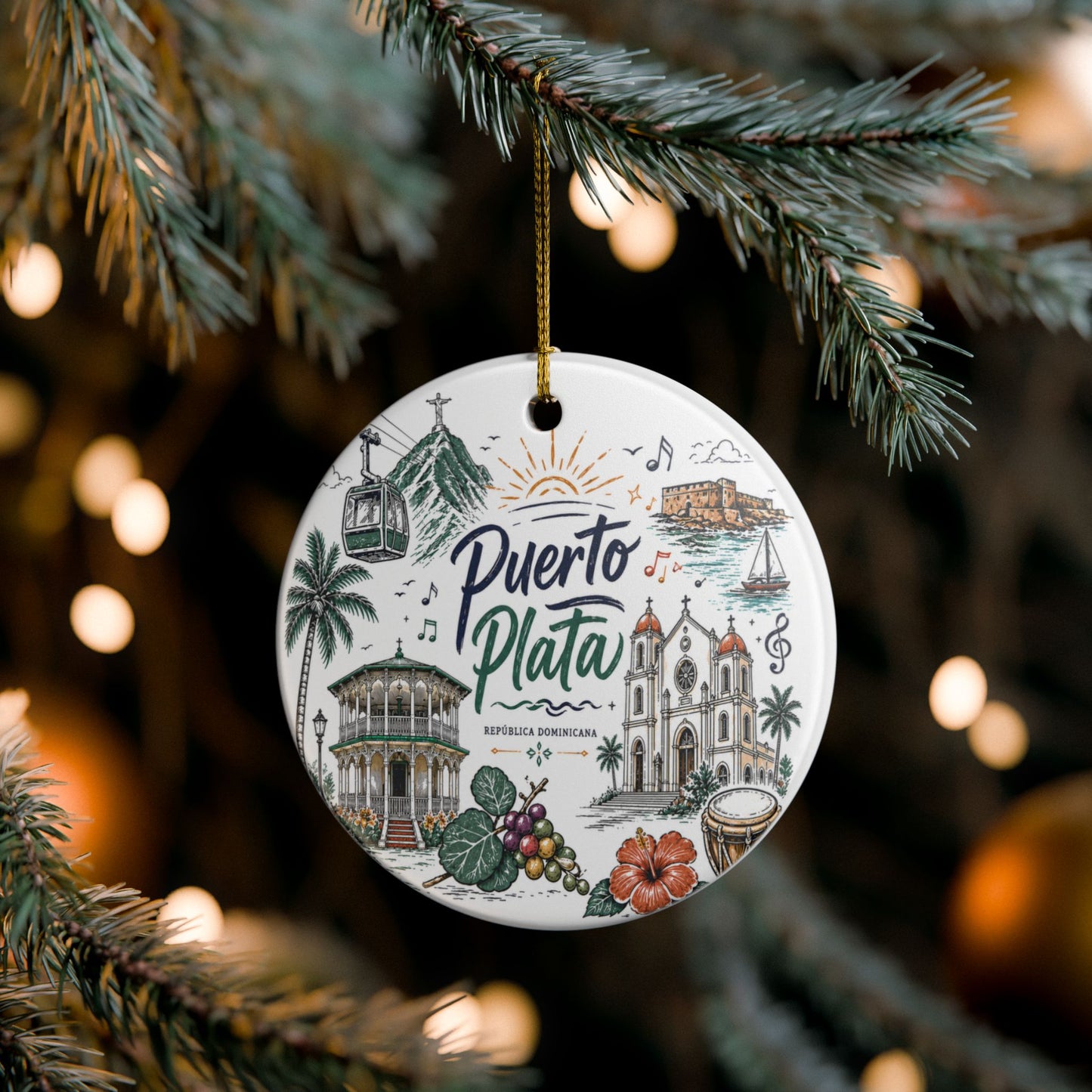 Puerto Plata Dominican Republic Illustration Ornament | Ceramic Round Holiday Decoration