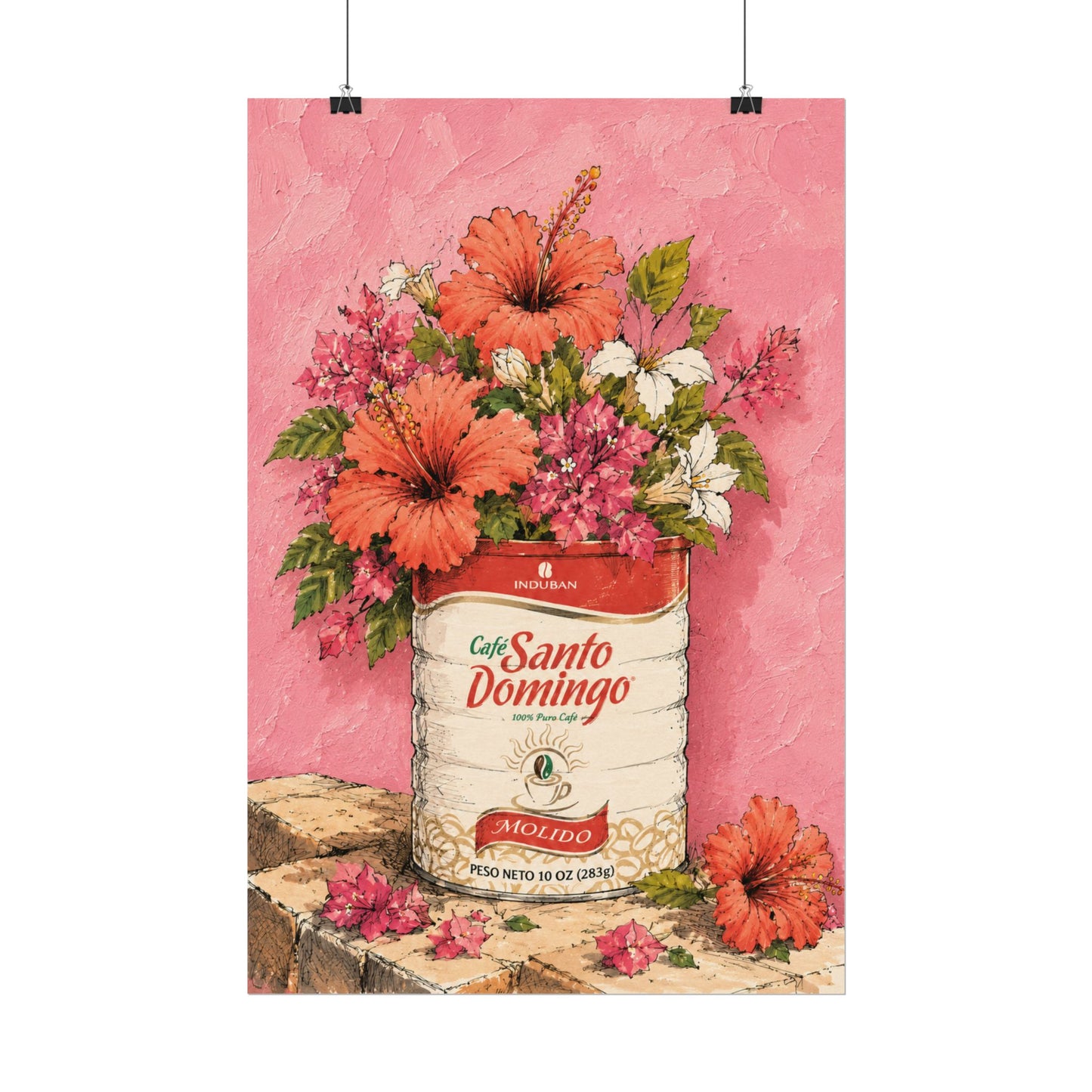 Café Santo Domingo Floral Wall Art | Dominican Coffee Can Art Print | Tropical Pink Botanical Poster | Caribbean Home Decor