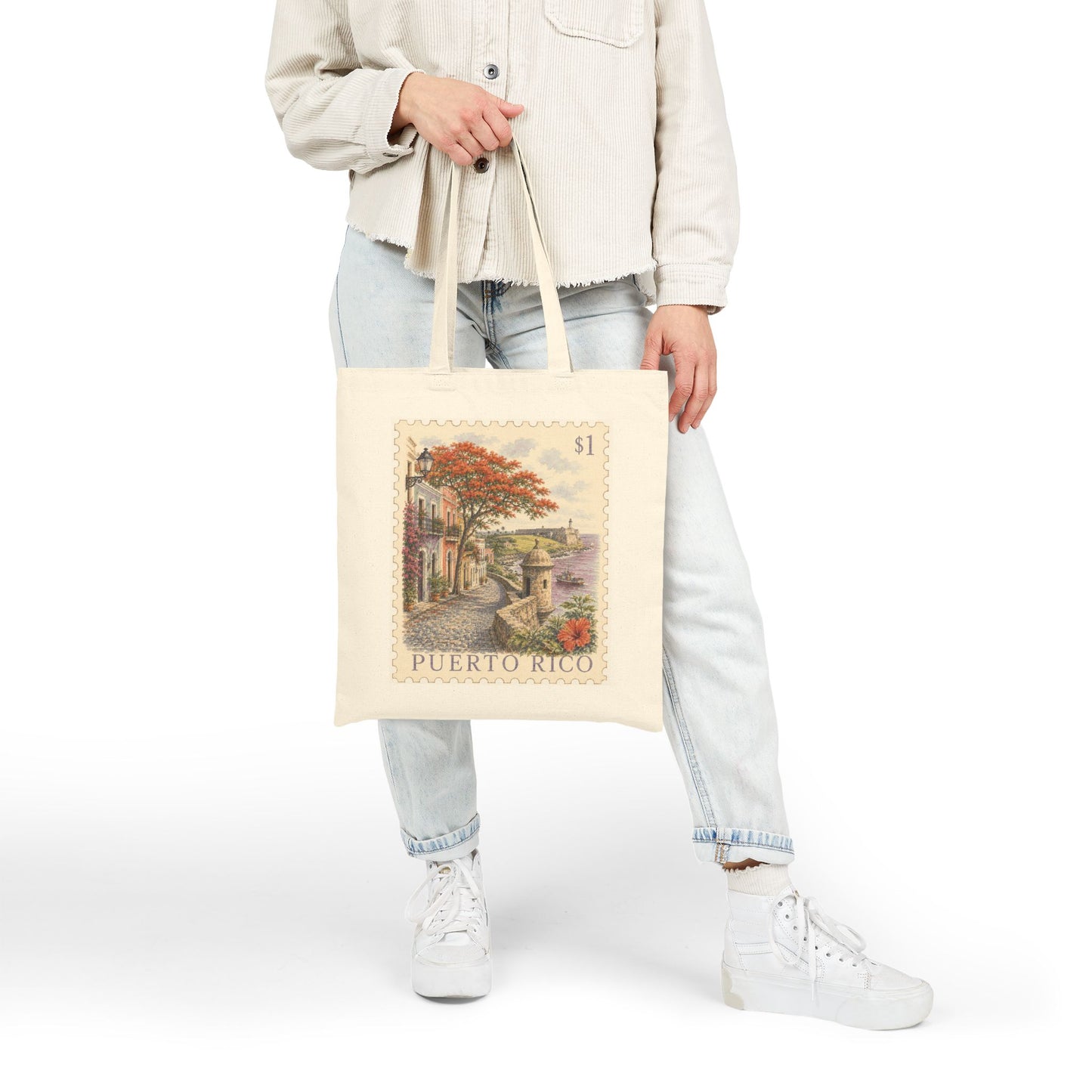 Puerto Rico Vintage Postage Stamp Canvas Tote Bag | Eco-Friendly Reusable Shopping Bag