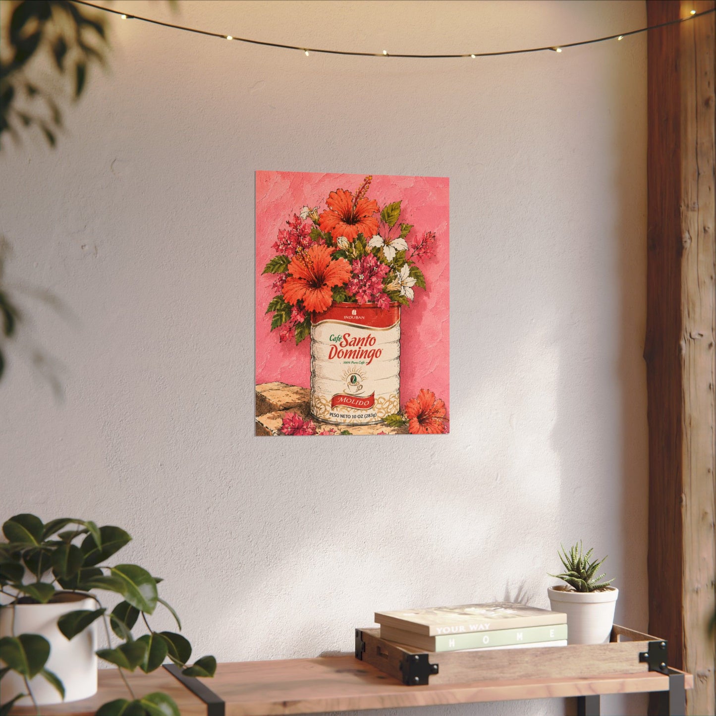 Café Santo Domingo Floral Wall Art | Dominican Coffee Can Art Print | Tropical Pink Botanical Poster | Caribbean Home Decor