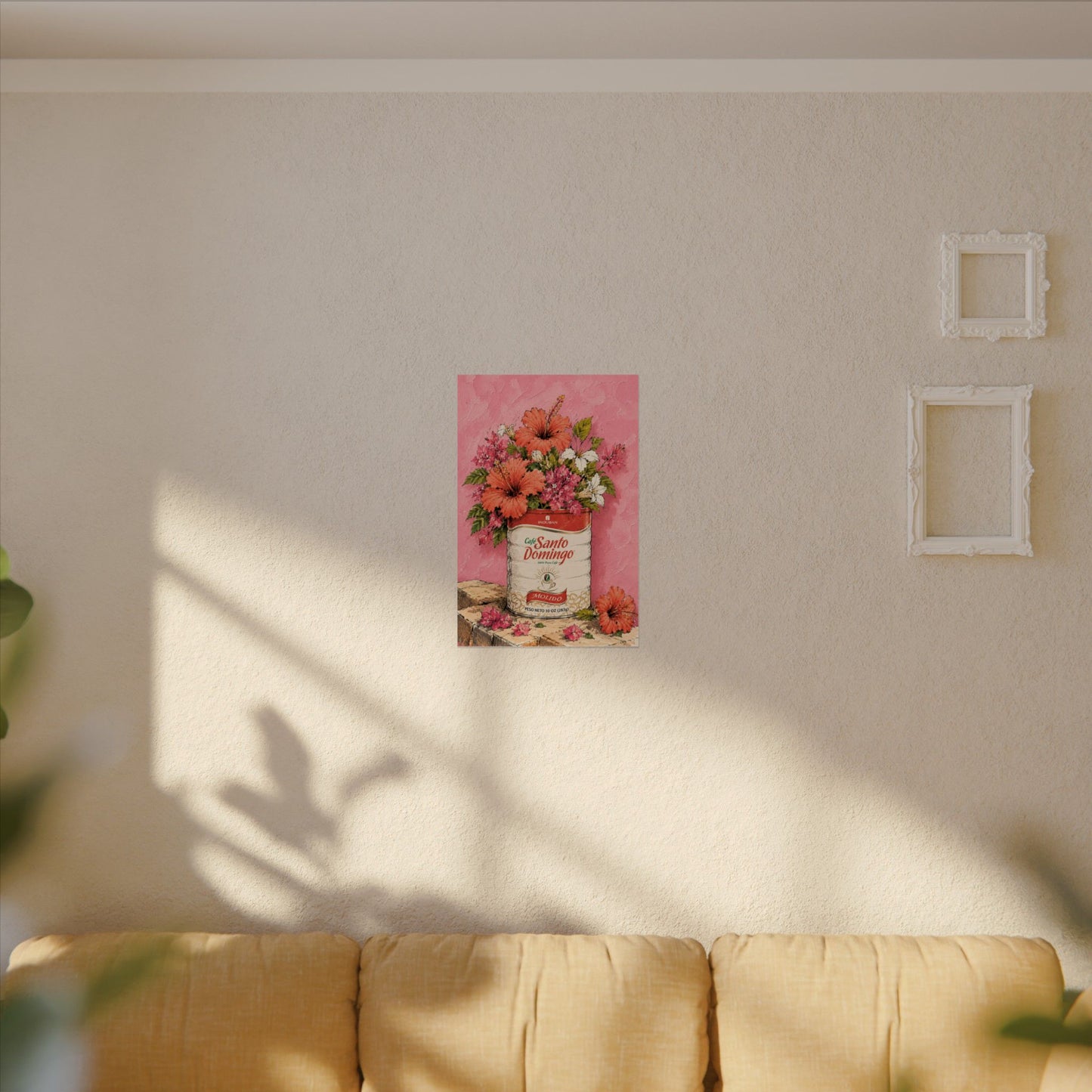 Café Santo Domingo Floral Wall Art | Dominican Coffee Can Art Print | Tropical Pink Botanical Poster | Caribbean Home Decor