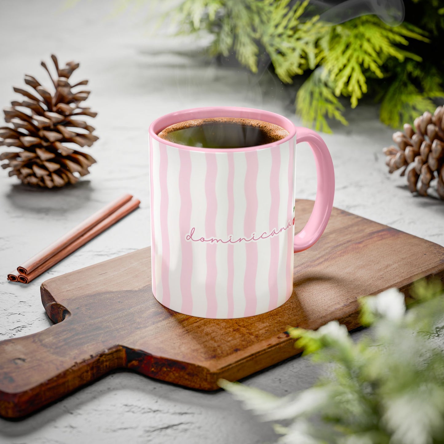 Dominicana Cherry Pink Striped Ceramic Coffee Mug | Cute Latina-Inspired Accent Mug