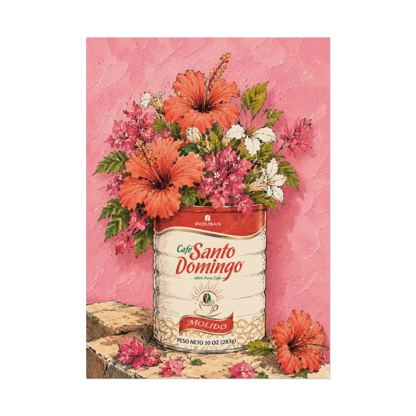 Café Santo Domingo Floral Wall Art | Dominican Coffee Can Art Print | Tropical Pink Botanical Poster | Caribbean Home Decor