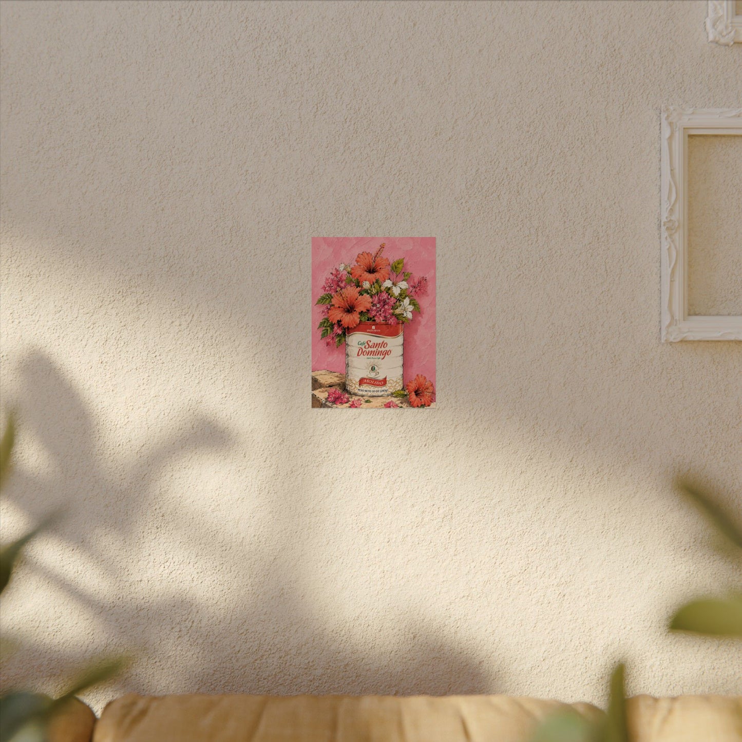 Café Santo Domingo Floral Wall Art | Dominican Coffee Can Art Print | Tropical Pink Botanical Poster | Caribbean Home Decor