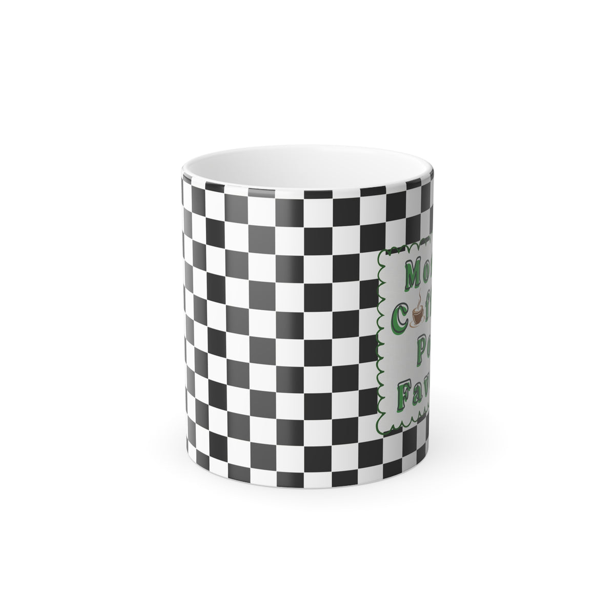 More Coffee Por Favor Color Changing Mug – Black & White Checkerboard Coffee Cup
