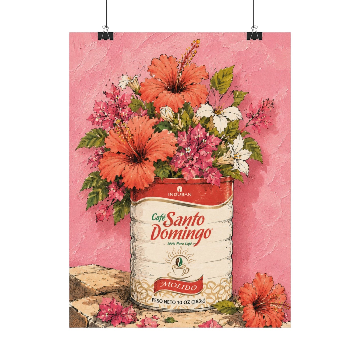 Café Santo Domingo Floral Wall Art | Dominican Coffee Can Art Print | Tropical Pink Botanical Poster | Caribbean Home Decor