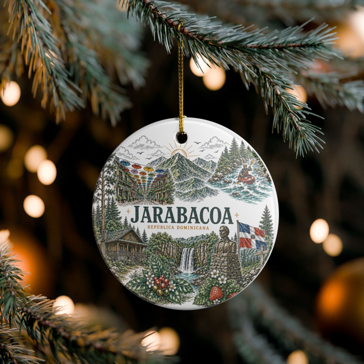 Jarabacoa Dominican Republic Illustration Ornament | Ceramic Round Holiday Decoration