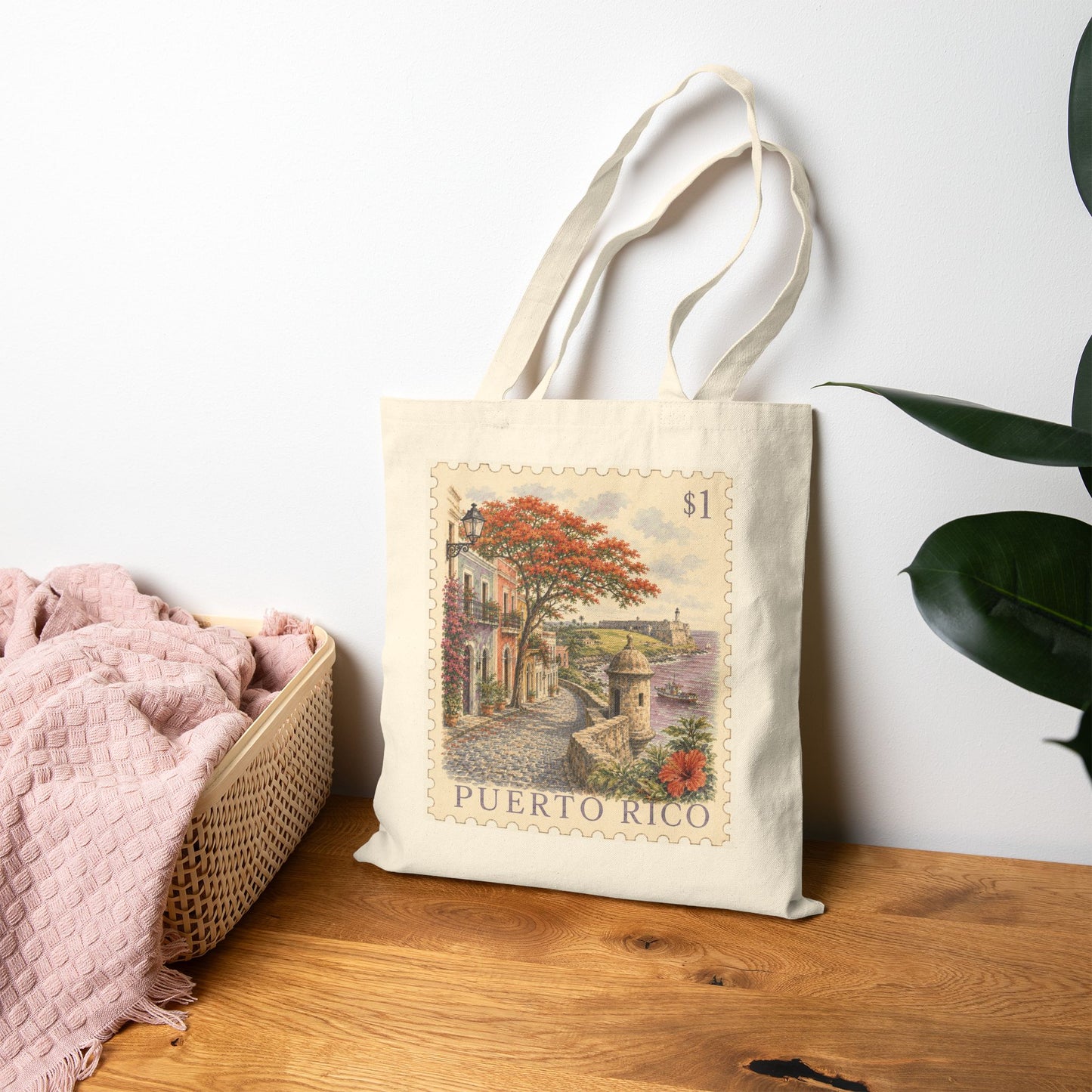 Puerto Rico Vintage Postage Stamp Canvas Tote Bag | Eco-Friendly Reusable Shopping Bag