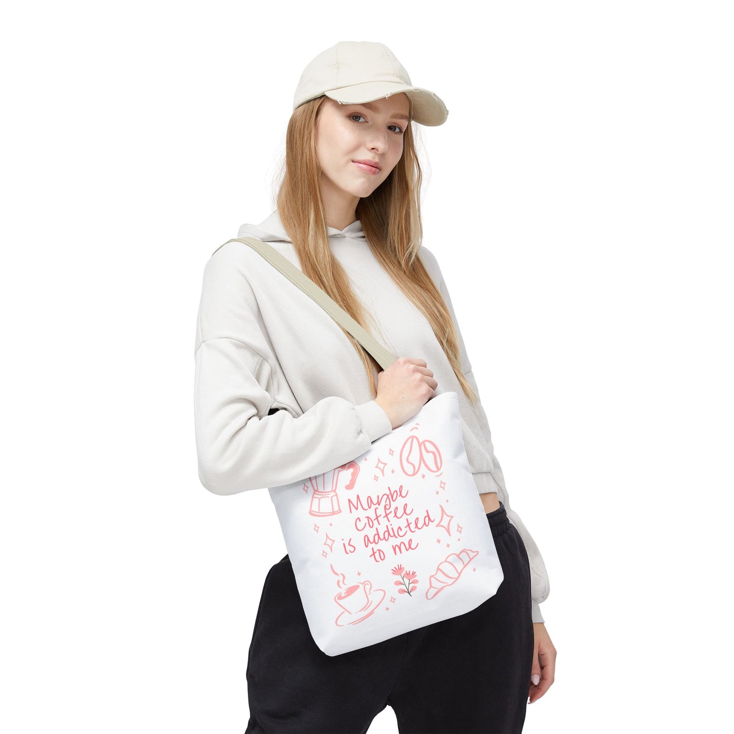 Maybe Coffee Is Addicted to Me Tote Bag | Cute Pink Coffee Lover Canvas Tote | Coquette Aesthetic Book Bag