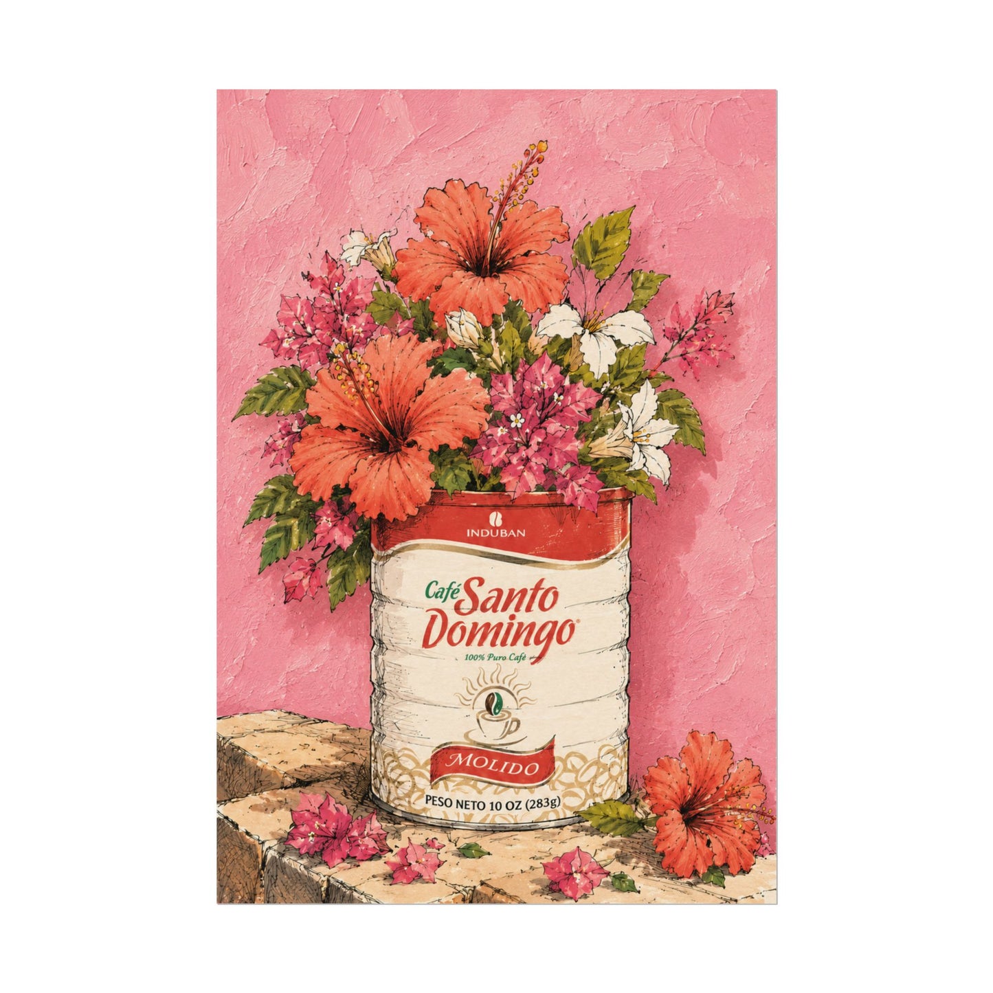 Café Santo Domingo Floral Wall Art | Dominican Coffee Can Art Print | Tropical Pink Botanical Poster | Caribbean Home Decor
