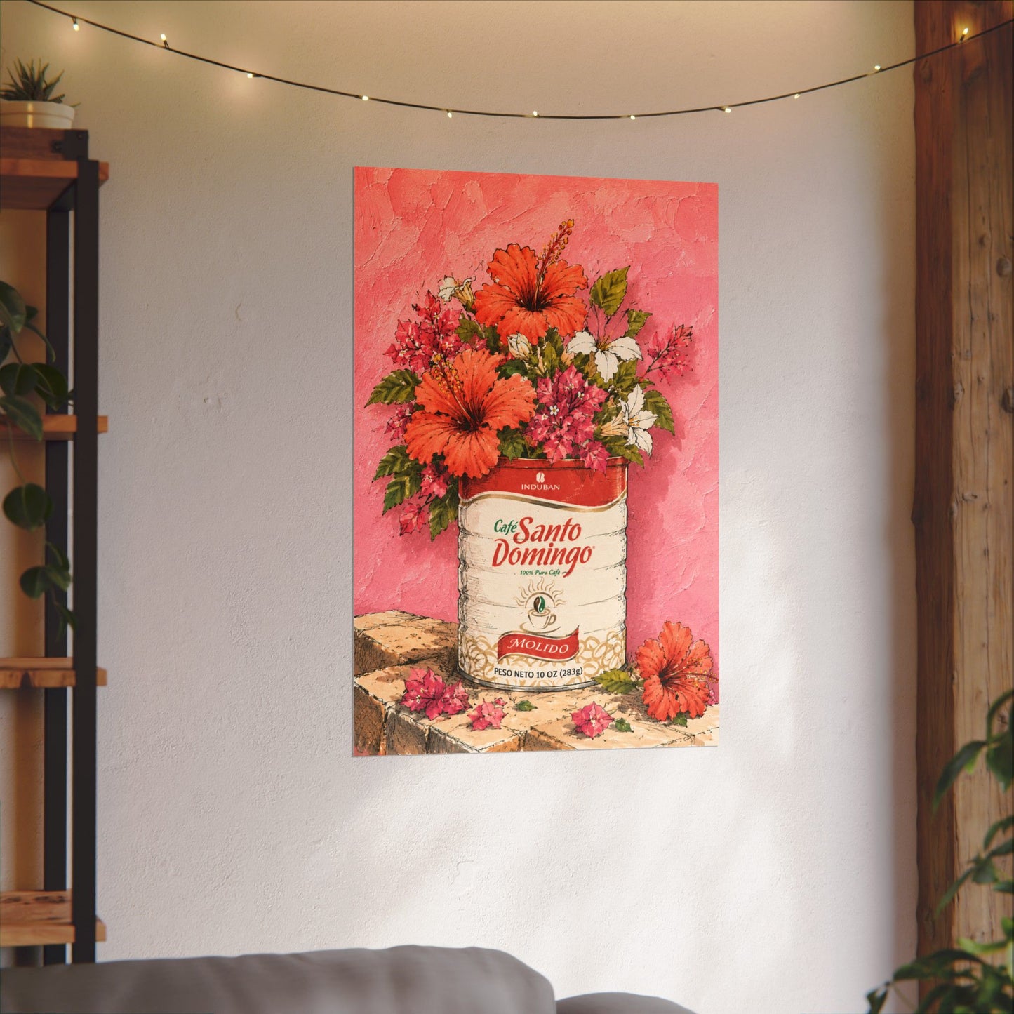 Café Santo Domingo Floral Wall Art | Dominican Coffee Can Art Print | Tropical Pink Botanical Poster | Caribbean Home Decor