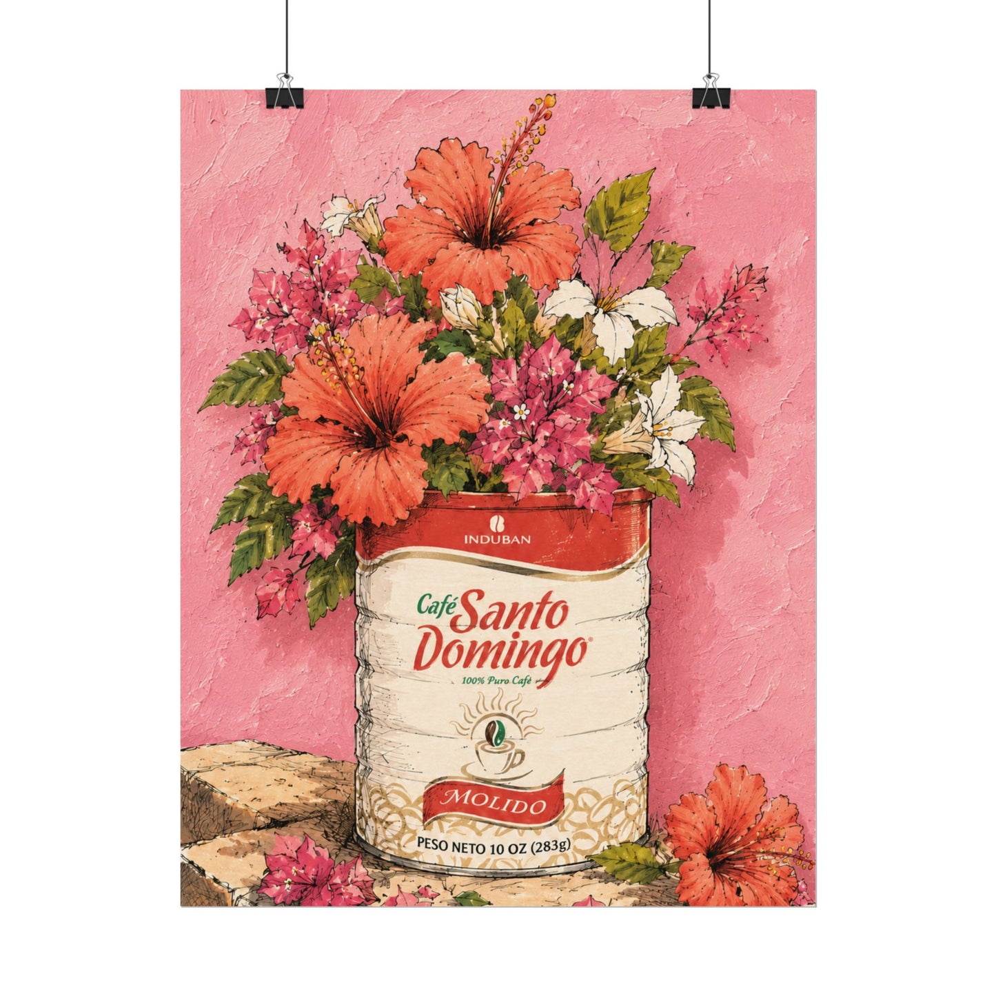 Café Santo Domingo Floral Wall Art | Dominican Coffee Can Art Print | Tropical Pink Botanical Poster | Caribbean Home Decor