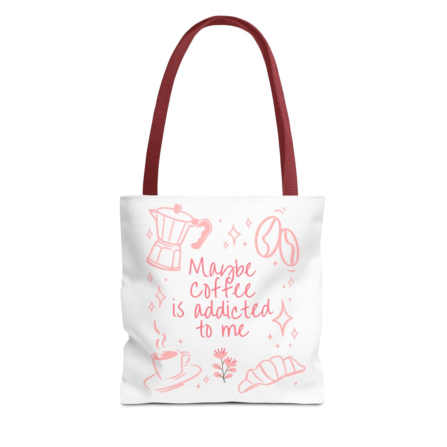 Maybe Coffee Is Addicted to Me Tote Bag | Cute Pink Coffee Lover Canvas Tote | Coquette Aesthetic Book Bag