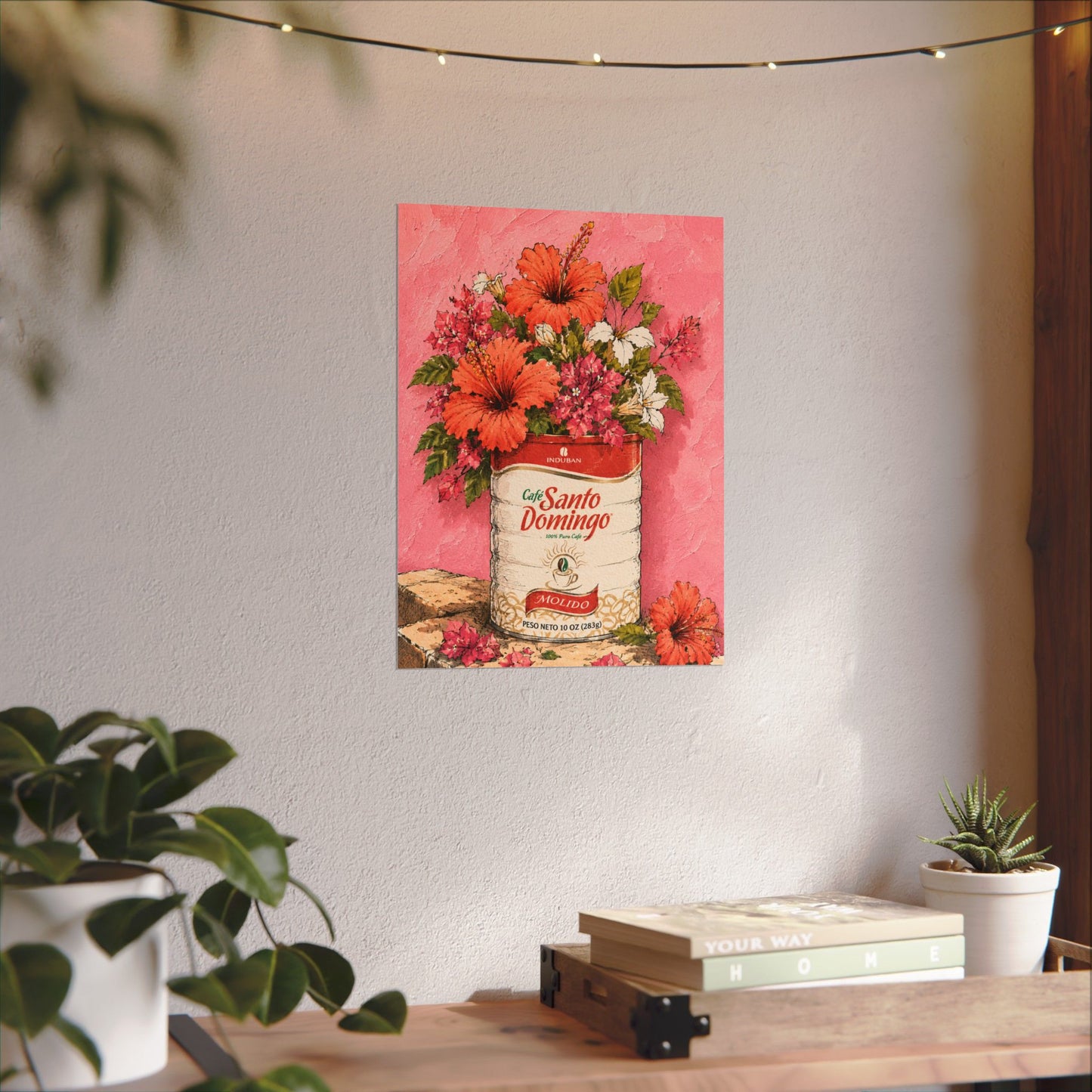 Café Santo Domingo Floral Wall Art | Dominican Coffee Can Art Print | Tropical Pink Botanical Poster | Caribbean Home Decor