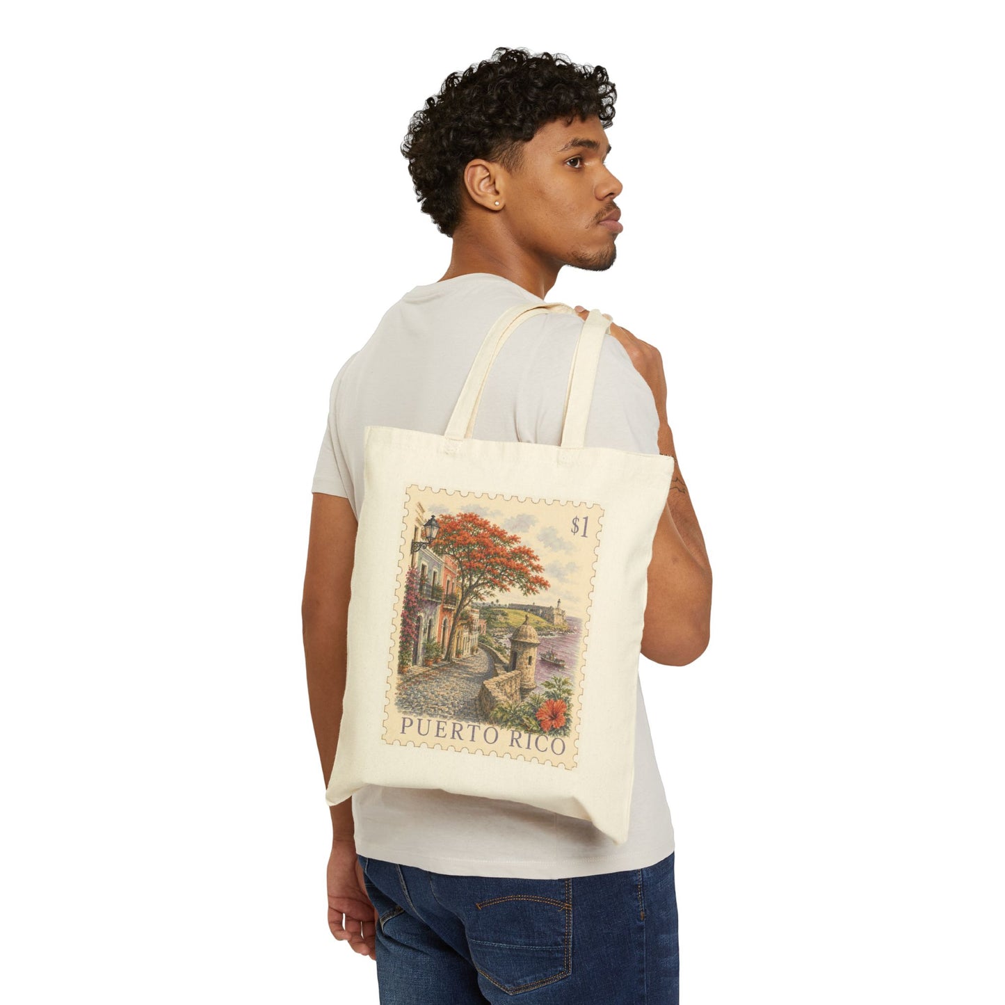 Puerto Rico Vintage Postage Stamp Canvas Tote Bag | Eco-Friendly Reusable Shopping Bag