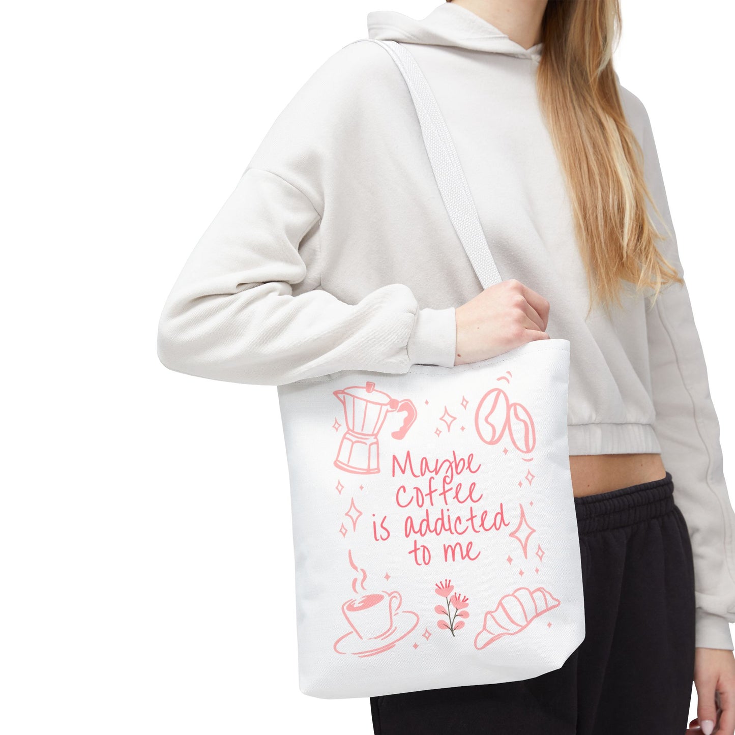 Maybe Coffee Is Addicted to Me Tote Bag | Cute Pink Coffee Lover Canvas Tote | Coquette Aesthetic Book Bag