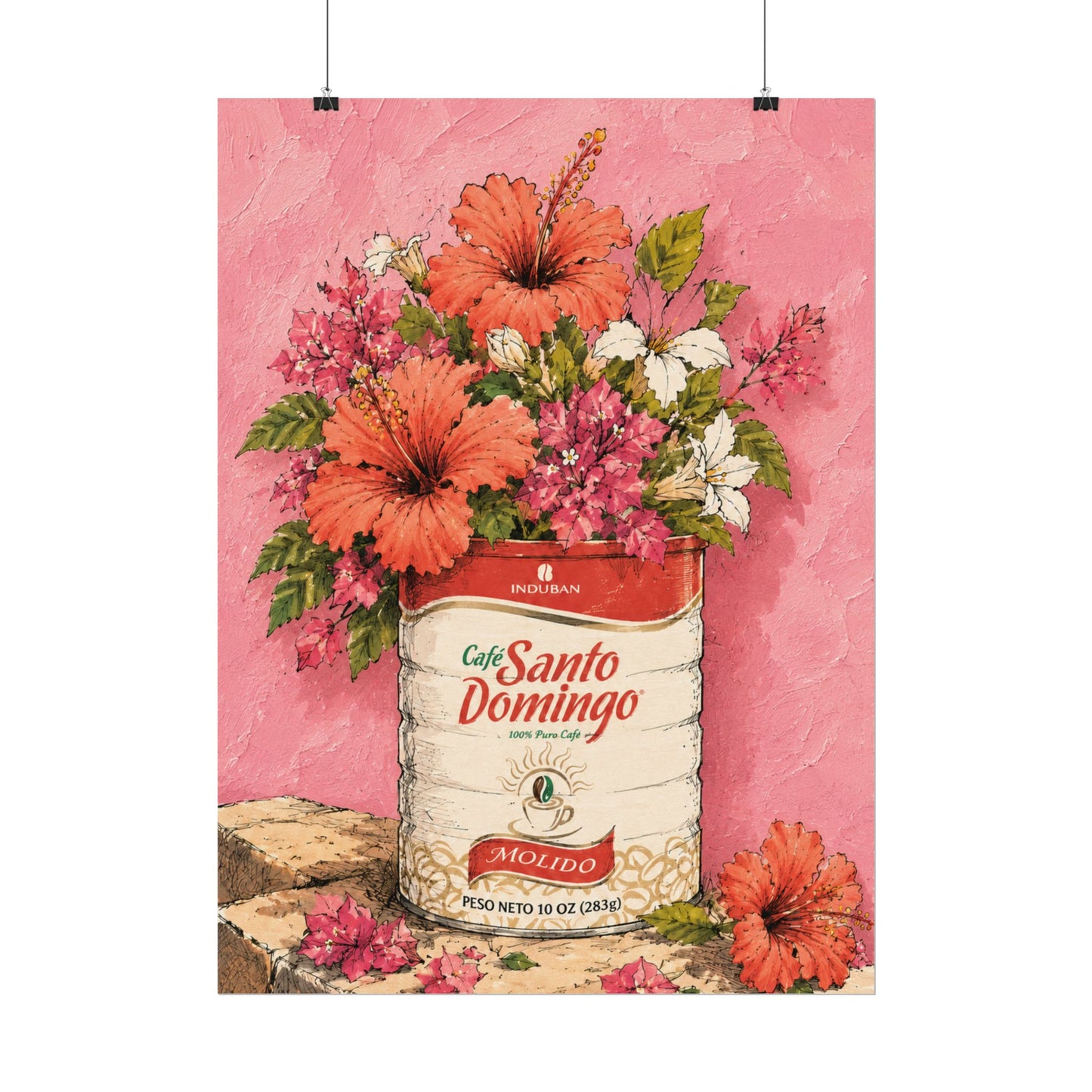 Café Santo Domingo Floral Wall Art | Dominican Coffee Can Art Print | Tropical Pink Botanical Poster | Caribbean Home Decor