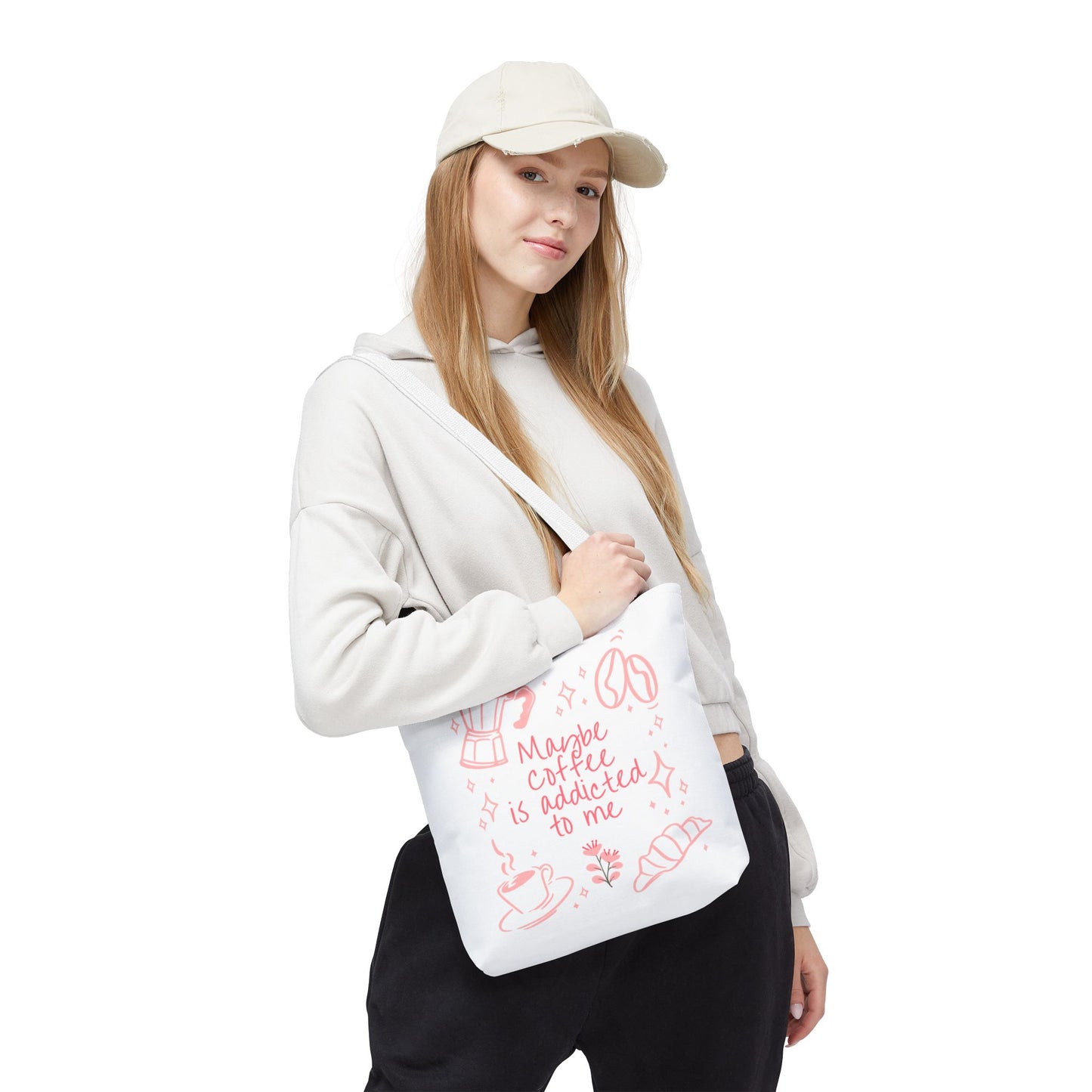 Maybe Coffee Is Addicted to Me Tote Bag | Cute Pink Coffee Lover Canvas Tote | Coquette Aesthetic Book Bag