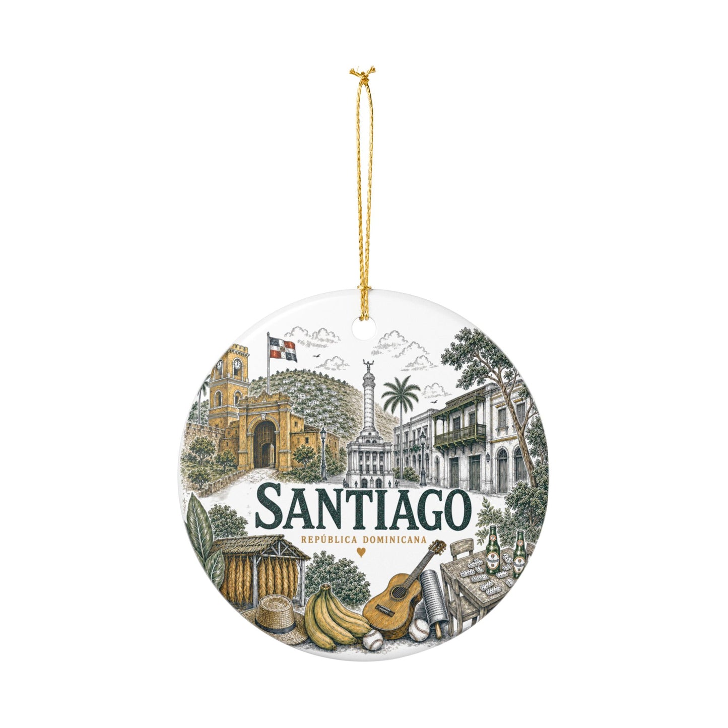 Santiago Dominican Republic Illustration Ornament | Ceramic Round Holiday Decoration