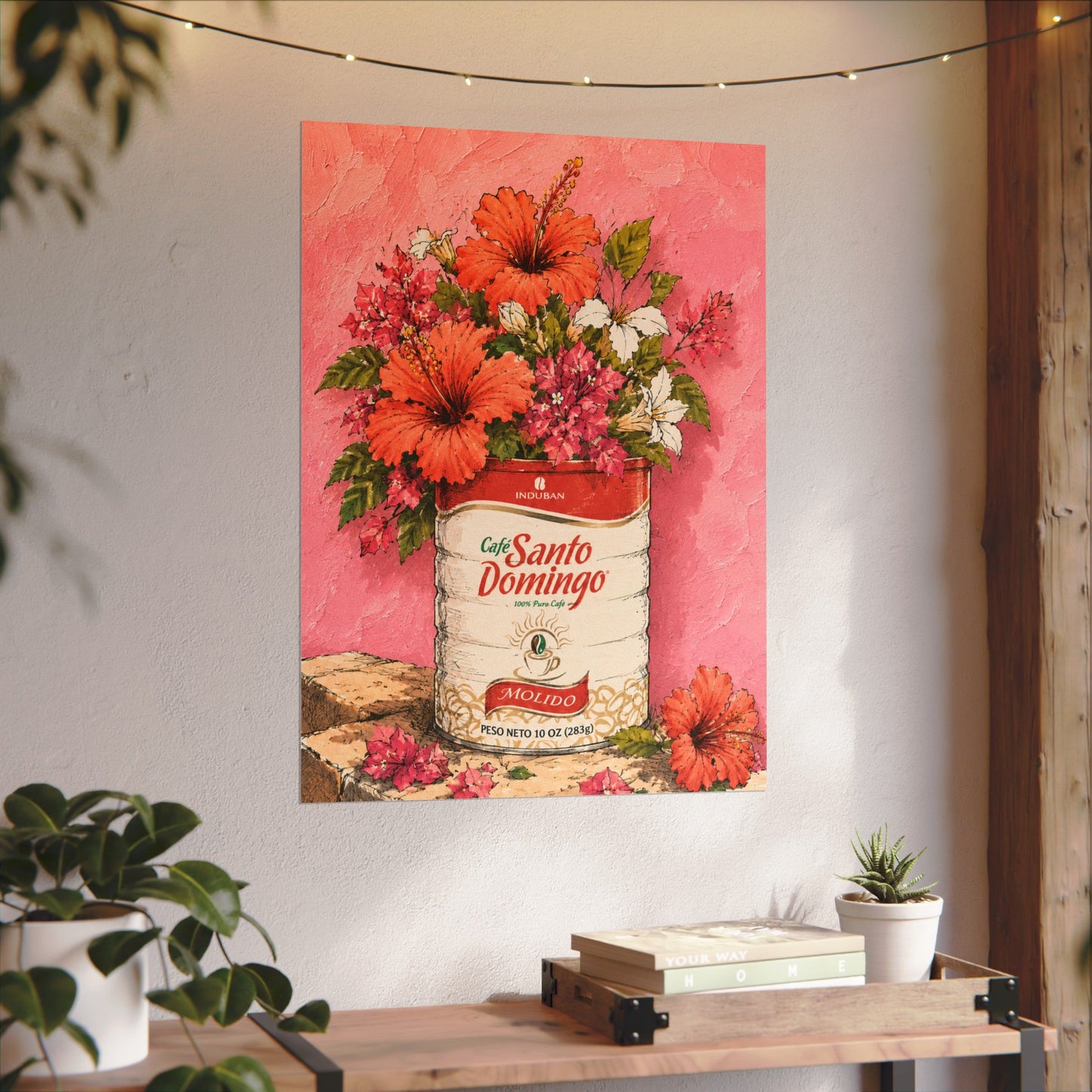 Café Santo Domingo Floral Wall Art | Dominican Coffee Can Art Print | Tropical Pink Botanical Poster | Caribbean Home Decor