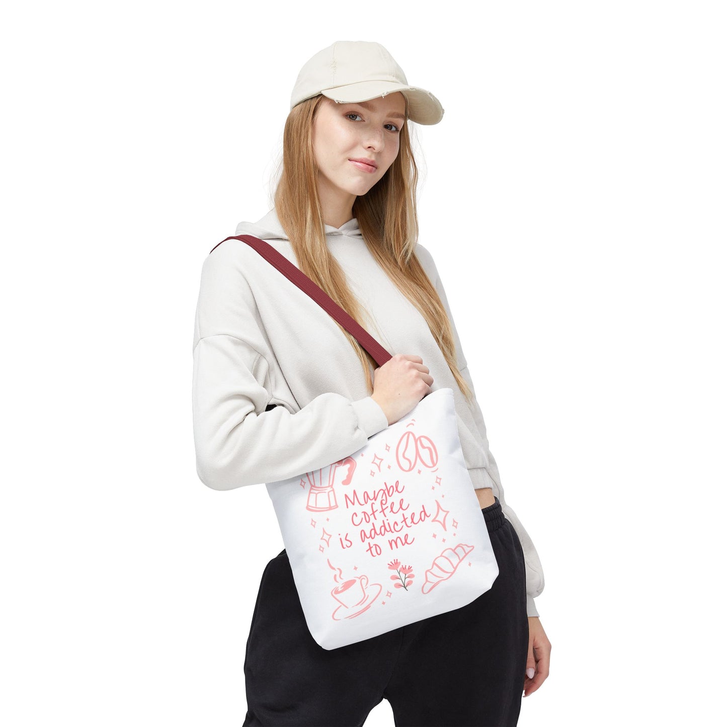Maybe Coffee Is Addicted to Me Tote Bag | Cute Pink Coffee Lover Canvas Tote | Coquette Aesthetic Book Bag