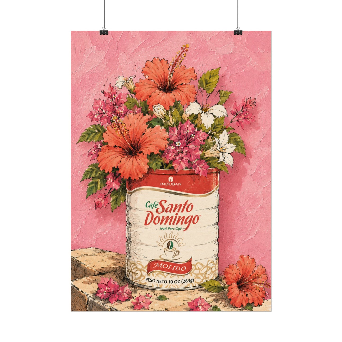 Café Santo Domingo Floral Wall Art | Dominican Coffee Can Art Print | Tropical Pink Botanical Poster | Caribbean Home Decor