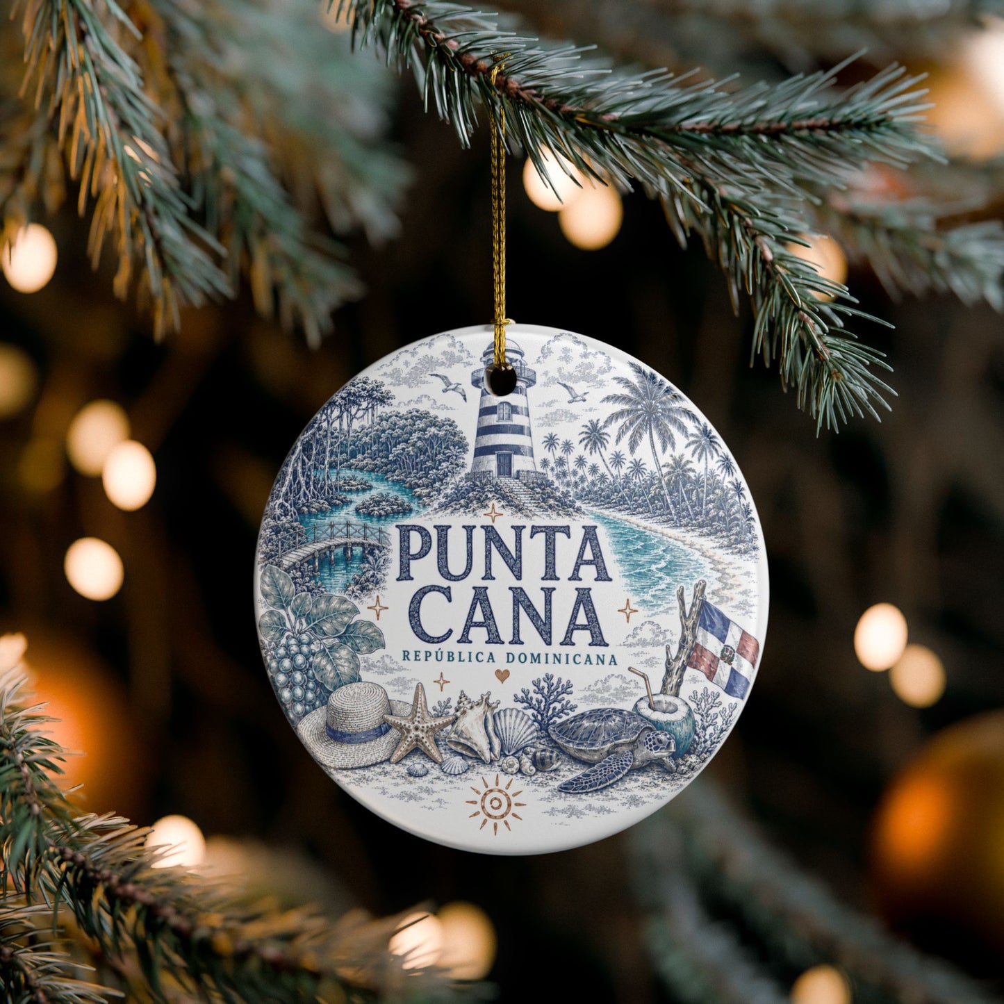 Punta Cana Dominican Republic Illustration Ornament | Ceramic Round Holiday Decoration