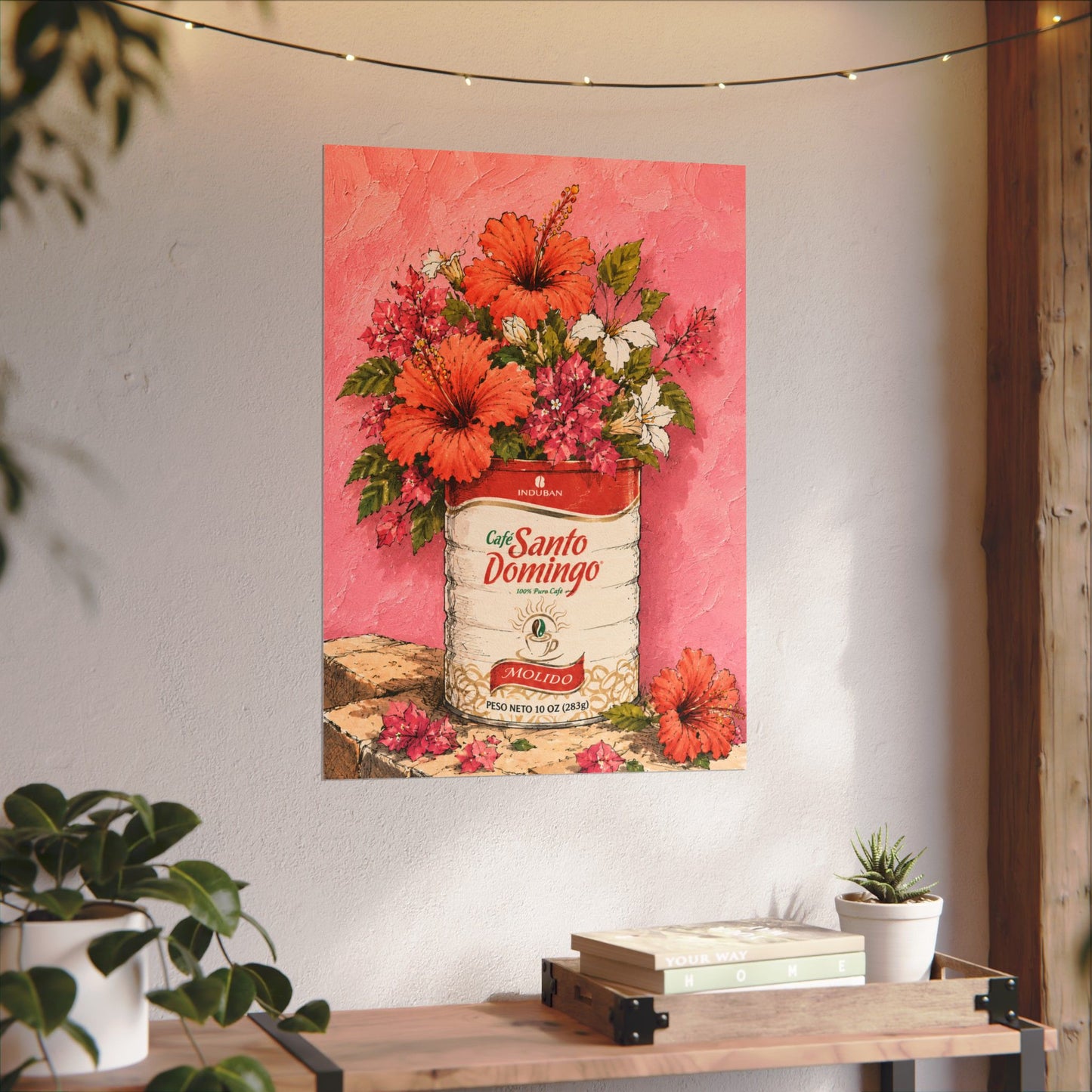 Café Santo Domingo Floral Wall Art | Dominican Coffee Can Art Print | Tropical Pink Botanical Poster | Caribbean Home Decor