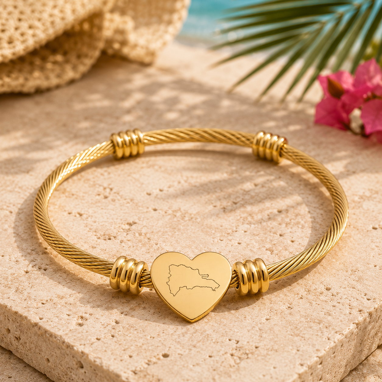 Dominican Republic Heart Bracelet | Engraved Island Map Bangle | Dominican Jewelry Gift | Gold or Silver