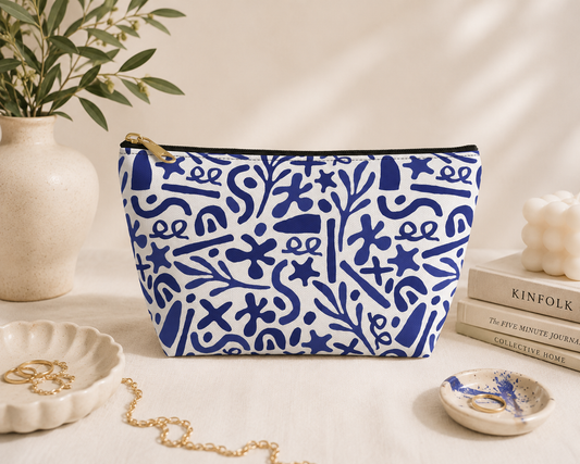 Blue Doodle Cosmetic Pouch | Zipper Makeup Bag