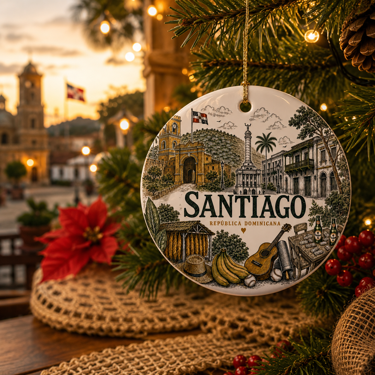 Santiago Dominican Republic Illustration Ornament | Ceramic Round Holiday Decoration