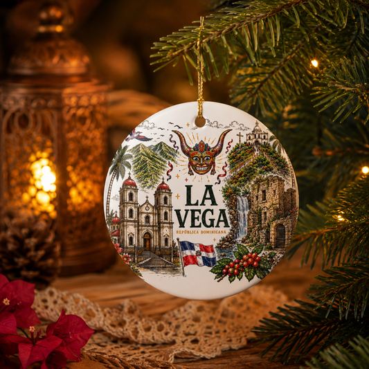 La Vega Dominican Republic Illustration Ornament | Ceramic Round Holiday Decoration