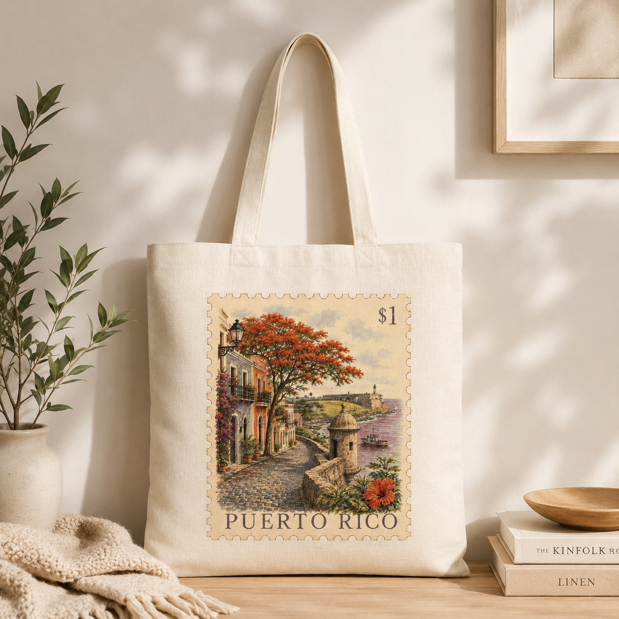 Puerto Rico Vintage Postage Stamp Canvas Tote Bag | Eco-Friendly Reusable Shopping Bag