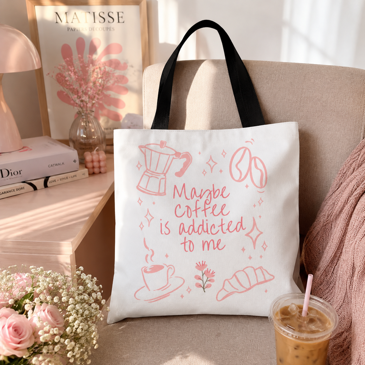 Maybe Coffee Is Addicted to Me Tote Bag | Cute Pink Coffee Lover Canvas Tote | Coquette Aesthetic Book Bag