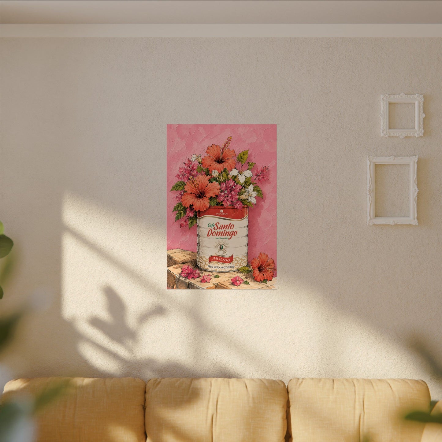 Café Santo Domingo Floral Wall Art | Dominican Coffee Can Art Print | Tropical Pink Botanical Poster | Caribbean Home Decor