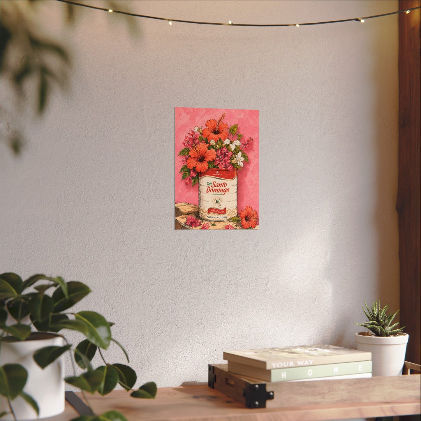 Café Santo Domingo Floral Wall Art | Dominican Coffee Can Art Print | Tropical Pink Botanical Poster | Caribbean Home Decor
