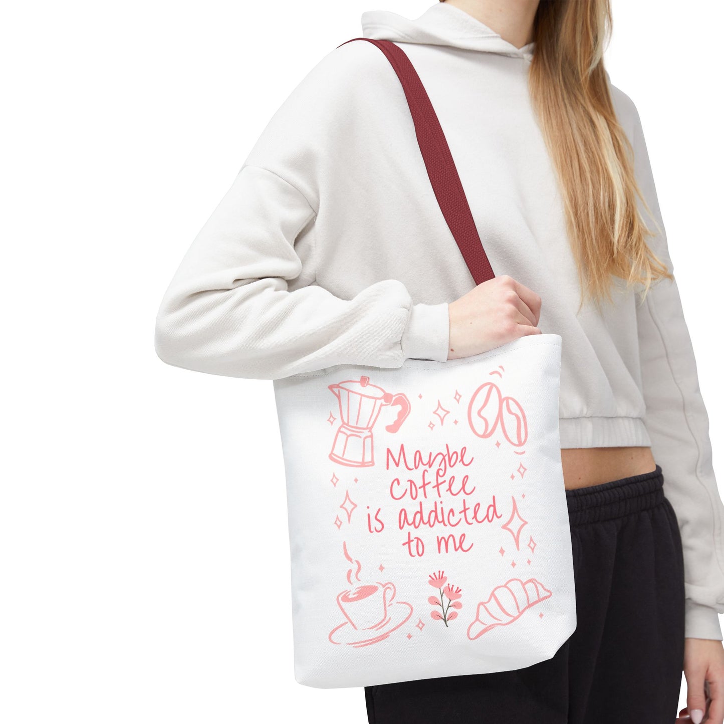 Maybe Coffee Is Addicted to Me Tote Bag | Cute Pink Coffee Lover Canvas Tote | Coquette Aesthetic Book Bag
