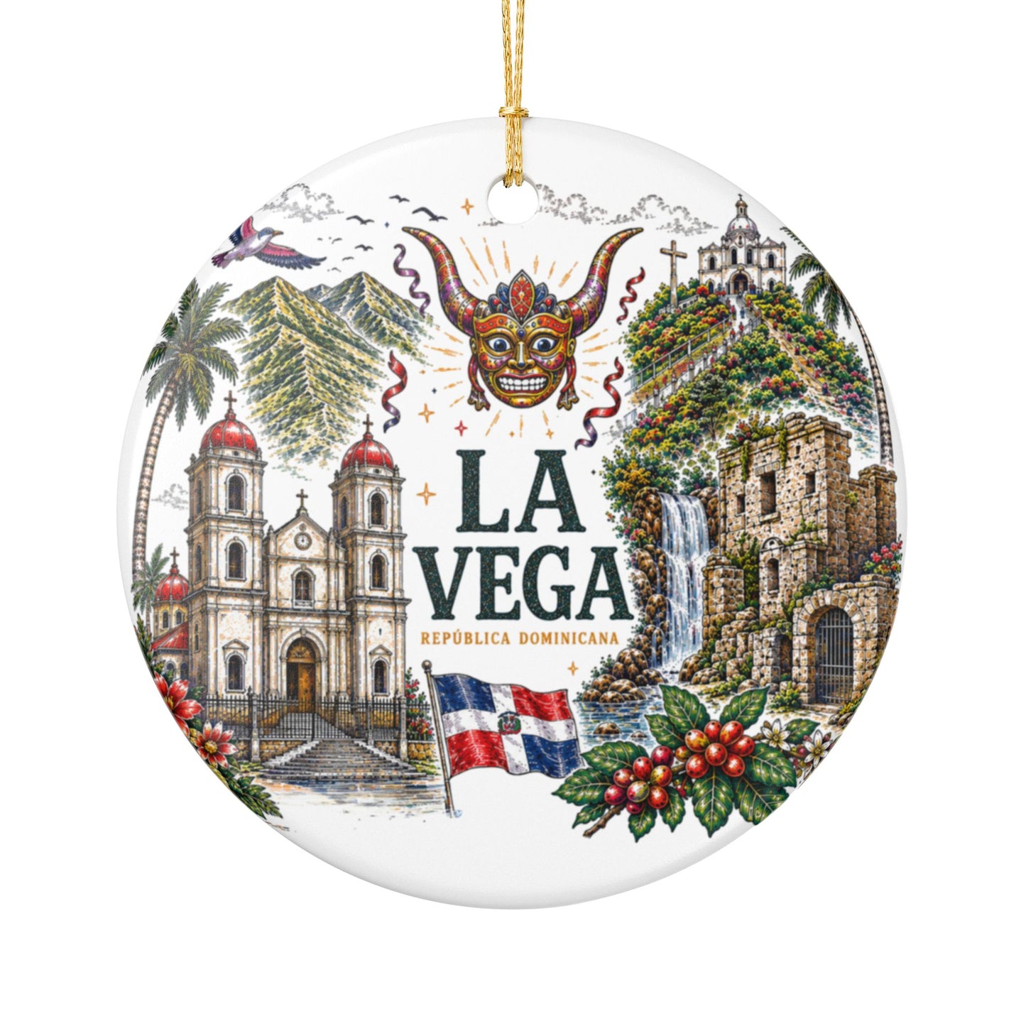 La Vega Dominican Republic Illustration Ornament | Ceramic Round Holiday Decoration