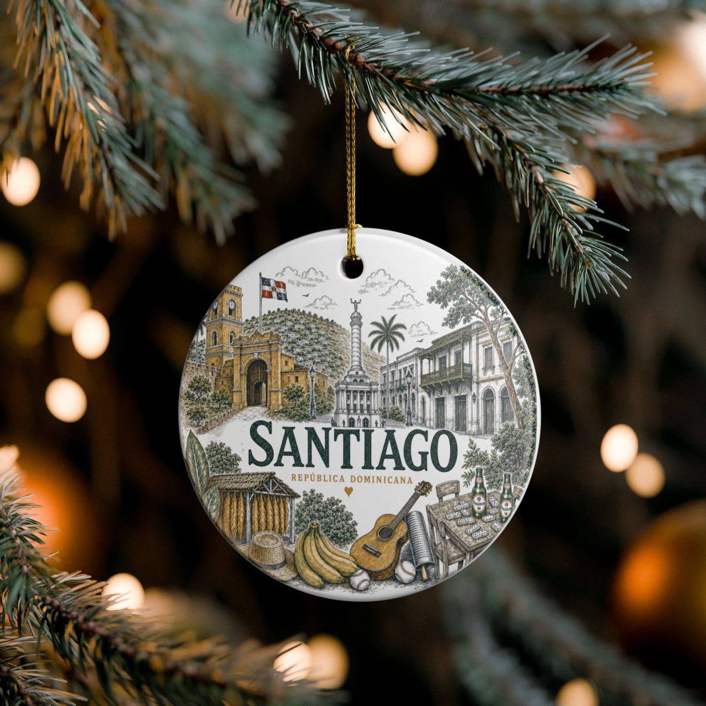 Santiago Dominican Republic Illustration Ornament | Ceramic Round Holiday Decoration