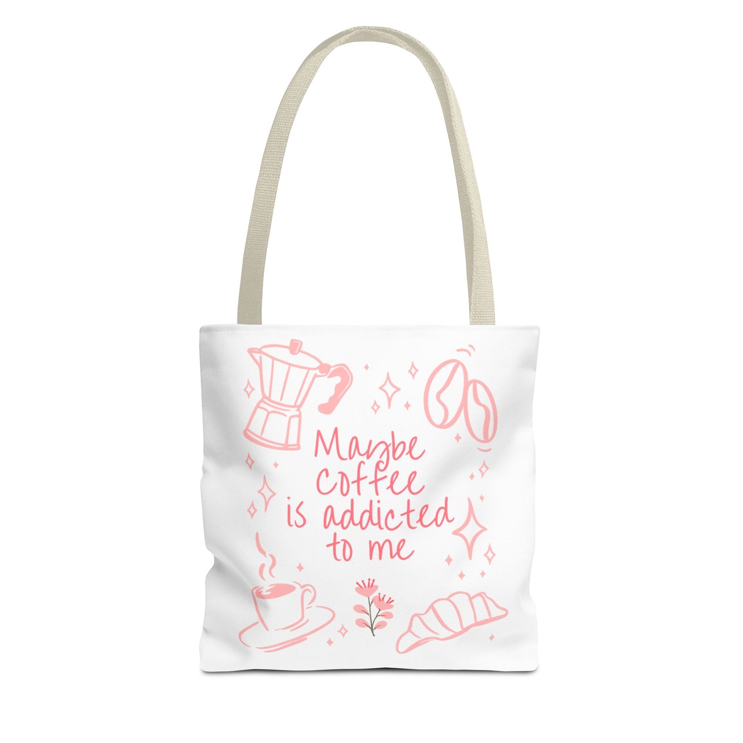 Maybe Coffee Is Addicted to Me Tote Bag | Cute Pink Coffee Lover Canvas Tote | Coquette Aesthetic Book Bag
