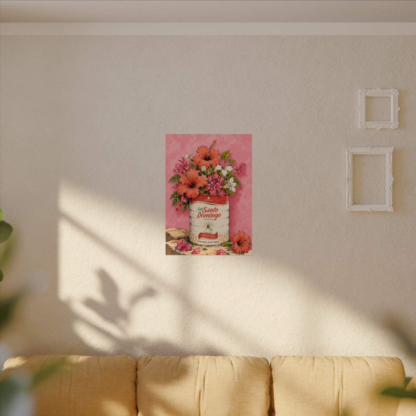 Café Santo Domingo Floral Wall Art | Dominican Coffee Can Art Print | Tropical Pink Botanical Poster | Caribbean Home Decor