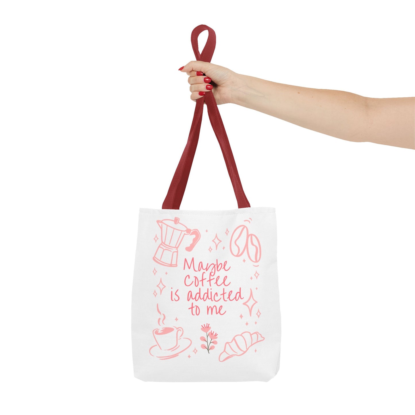 Maybe Coffee Is Addicted to Me Tote Bag | Cute Pink Coffee Lover Canvas Tote | Coquette Aesthetic Book Bag
