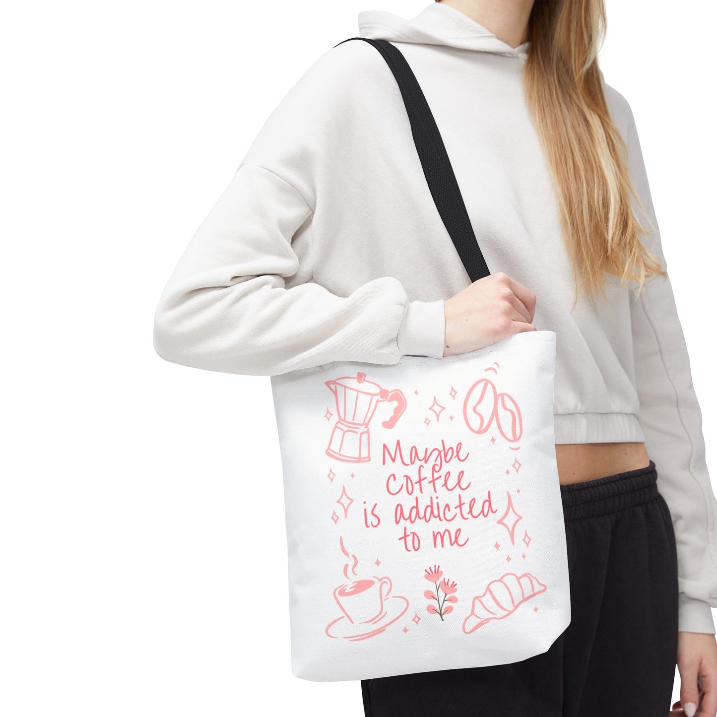 Maybe Coffee Is Addicted to Me Tote Bag | Cute Pink Coffee Lover Canvas Tote | Coquette Aesthetic Book Bag