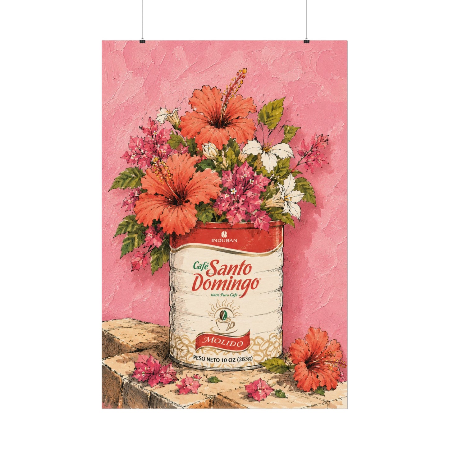 Café Santo Domingo Floral Wall Art | Dominican Coffee Can Art Print | Tropical Pink Botanical Poster | Caribbean Home Decor