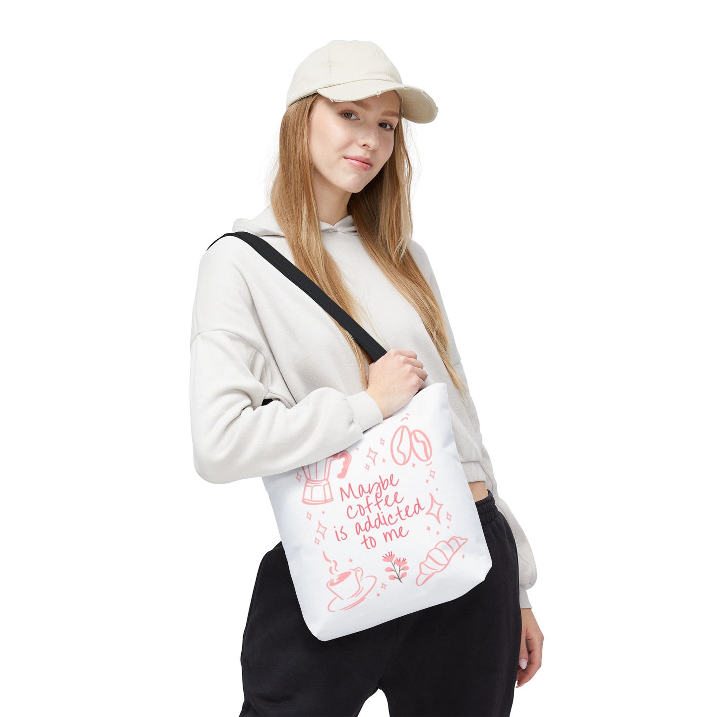 Maybe Coffee Is Addicted to Me Tote Bag | Cute Pink Coffee Lover Canvas Tote | Coquette Aesthetic Book Bag