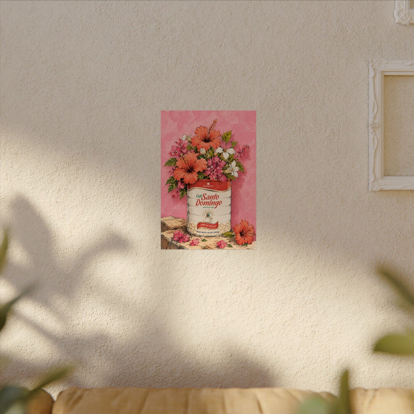 Café Santo Domingo Floral Wall Art | Dominican Coffee Can Art Print | Tropical Pink Botanical Poster | Caribbean Home Decor