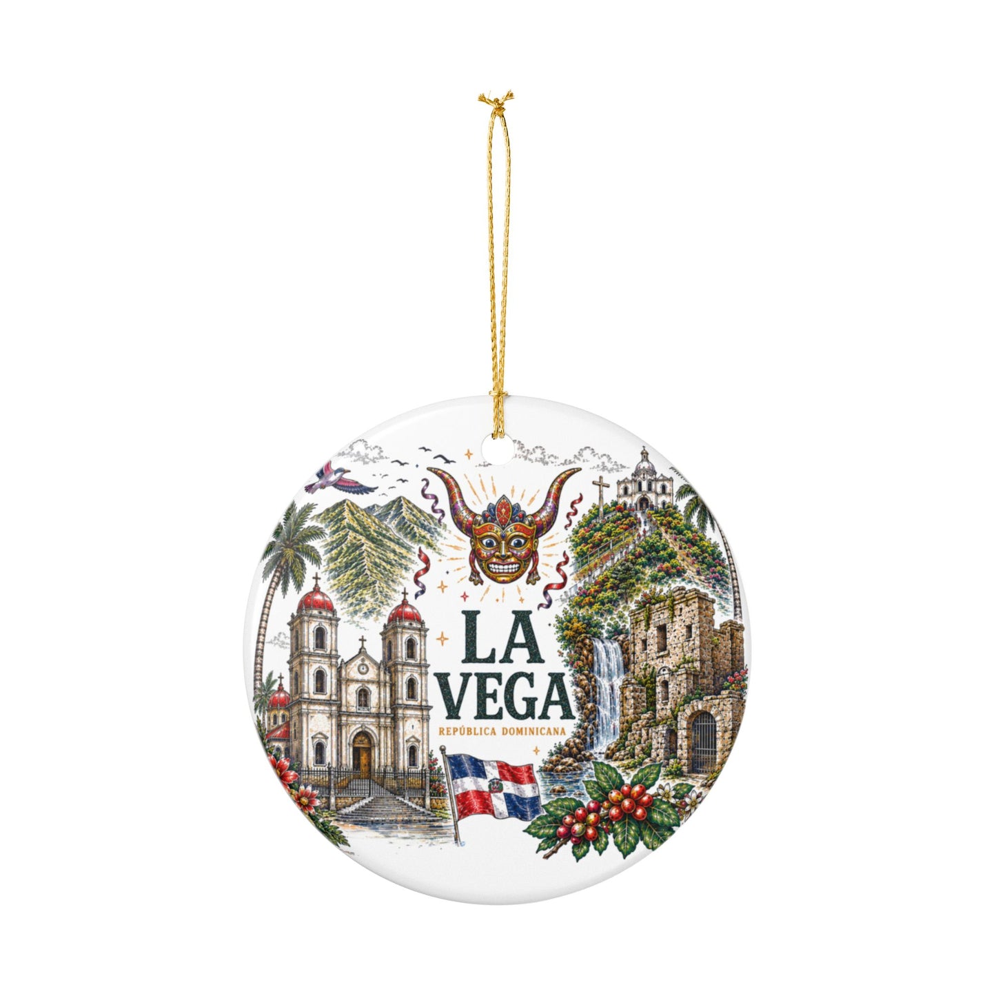 La Vega Dominican Republic Illustration Ornament | Ceramic Round Holiday Decoration
